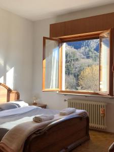 a bedroom with a bed and a large window at Mountain House in Rigolato
