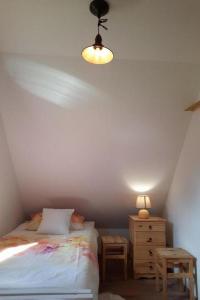 a bedroom with a bed and a lamp and a dresser at Family friendly house with a swimming pool Gospic, Velebit - 21171 in Gospić