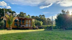 una pequeña cabaña de madera en un campo con una palmera en Para los amantes de la naturaleza en San Rafael