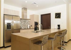 une cuisine avec un réfrigérateur en acier inoxydable et un comptoir dans l'établissement Elegant apartment in eagle beach levent, à Palm-Eagle Beach