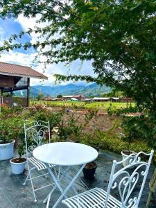 a white table and chairs sitting under a tree at Zara Lodge in Bario