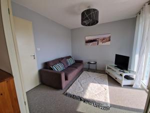 a living room with a couch and a tv at Appartement avec Piscine, Tennis & Balcon, Centre-ville Chatelaillon-Plage, 6 Pers, 2 Ch - FR-1-706-17 in Châtelaillon-Plage