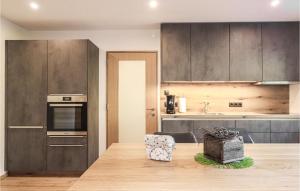 a kitchen with gray cabinets and a table with a chair at Beautiful Apartment In Braz With Wifi in Braz