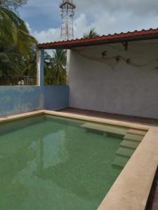 a swimming pool with green water in a house at casa en playa santa clara yucatan in Santa Clara
