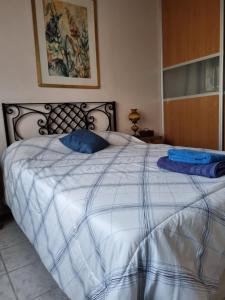 a bedroom with a bed with two blue pillows on it at Casa en barrio cerrado con seguridad 24 horas con piscina in Barrio Esteban Echeverría
