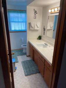 a bathroom with a sink and a toilet and a mirror at Elite Casa Collection -free coffee, parking, and Wi-Fi in Milwaukee