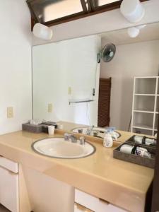 a bathroom with a sink and a large mirror at 地中海の家 in Futo
