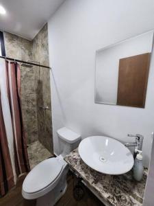 een badkamer met een toilet, een wastafel en een douche bij Dpto Playa Centro Malecón Plza Machado¡Promoción! in Mazatlán