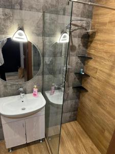een badkamer met een wastafel en een douche met een spiegel bij Avlabari Apartaments Nia in Tbilisi City