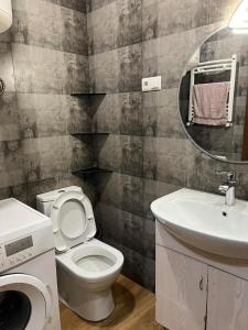 uma casa de banho com um WC, um lavatório e um espelho. em Avlabari Apartaments Nia em Tbilisi