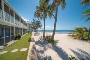 a building on a beach with palm trees and the ocean at Beach Living at the Retreat in Driftwood Village