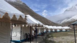 Une rangée de tentes avec des montagnes en arrière-plan dans l'établissement Bhrigu Camps, à Jispa