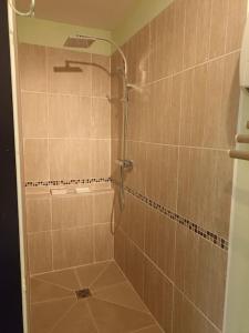 a bathroom with a shower with a tiled shower at instant de tranquillité en Cévennes in Aujac