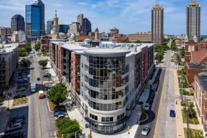 an aerial view of a large building in a city at Modern Mass Ave 1BR Apartment with Kitchen in Indianapolis