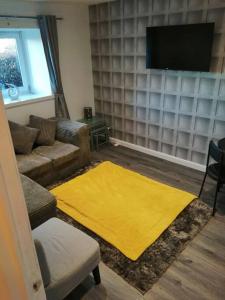 sala de estar con sofá y alfombra amarilla en Lovely City Home, en Edimburgo