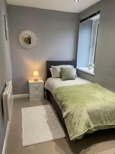 1 dormitorio con cama y espejo en la pared en Lovely City Home, en Edimburgo