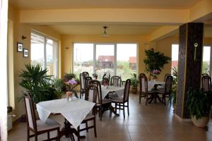 a dining room with tables and chairs and windows at Vila Carlos in Baile Felix