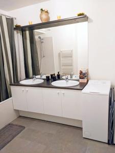 uma casa de banho com 2 lavatórios e um espelho grande em "Spacieux et lumineux" proche Paris em Cachan