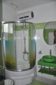 uma casa de banho com um chuveiro e um lavatório verde em Rose Hotel em Hai Phong
