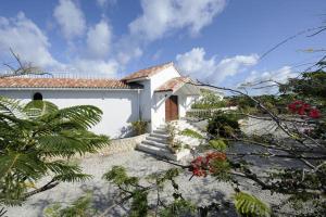 a white house with stairs and plants in front of it at Spacious villa with sea view in Saint Martin + private pool. in Les Terres Basses