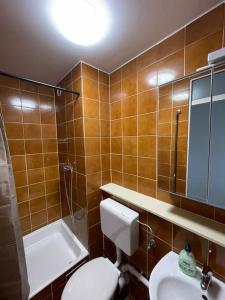 ein Badezimmer mit einem WC, einem Waschbecken und einer Badewanne in der Unterkunft Renewed one bedroom apartment on a good location in Ljubljana