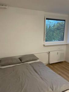 ein weißes Schlafzimmer mit einem Bett und einem Fenster in der Unterkunft Renewed one bedroom apartment on a good location in Ljubljana