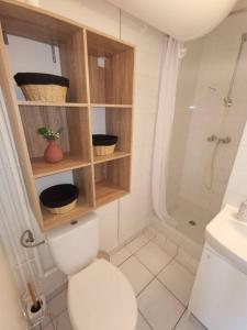 uma casa de banho branca com um WC e um chuveiro em Le Calme - Appartement 2 pièces em Alfortville
