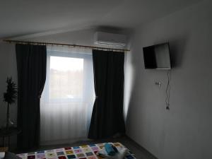 sypialnia z oknem z telewizorem i łóżkiem w obiekcie Casa David w mieście Dunavăţu de Sus