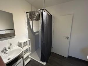 y baño con ducha y lavamanos. en 3 Mehrbettzimmer, Küche, Bad für Arbeiter und Monteure, en Gau-Weinheim