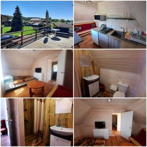 a group of four pictures of a tiny house at Pas Daivą in Šventoji