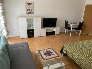 - un salon avec un canapé et une télévision dans l'établissement Ferienappartment Möhnesee, à Möhnesee