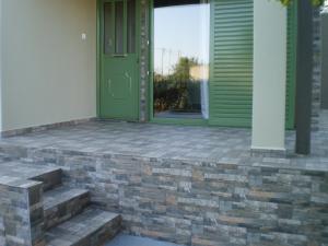 a front door of a house with a green door at Cosmitsa House in Vingláfia