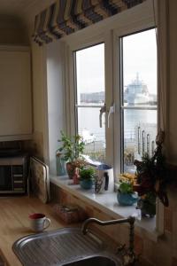 een keuken met een raam met potplanten op een aanrecht bij The Old Quayside House in Falmouth