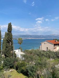 a house on a hill next to a large body of water at Apartmani Marko in Trogir