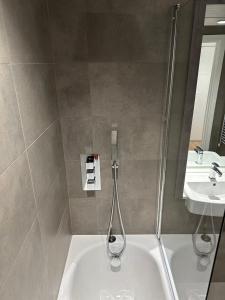 a bathroom with a shower and a sink and a tub at A Home Away From Home in Birmingham