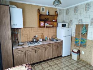 een keuken met een witte koelkast en een wastafel bij Апартаменти на Вул Перемоги 8 дрiб 3 in Chmelnytsky