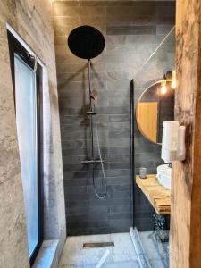 y baño con ducha y lavamanos. en Casa Larisa Antonia Apartment, en Sinaia