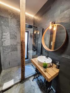a bathroom with a sink and a mirror at Casa Larisa Antonia Apartment in Sinaia