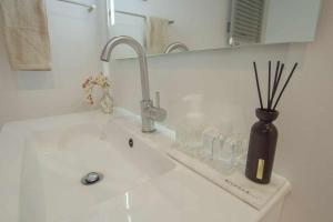 a bathroom sink with a vase with sticks in it at Chueca Gran Via Recoletos Libertad 24 4 in Madrid