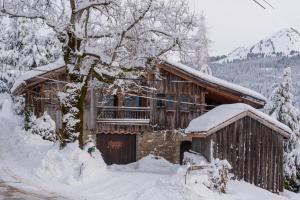 a log cabin in the snow with a tree at Chalet Ferme des Amis in Les Gets