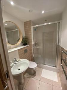 a bathroom with a shower and a toilet and a sink at Rueben Suite By Koya Homes - Cardiff in Cardiff