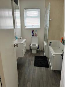 a bathroom with a toilet and a sink and a tub at Mac’s in Belfast