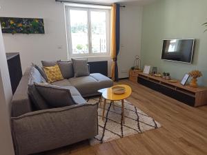 a living room with a couch and a tv at Appartement centre de Sisteron in Sisteron
