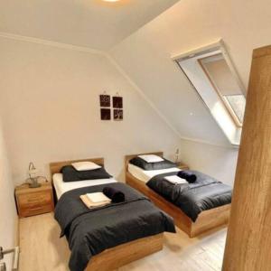2 Betten in einem Zimmer mit Fenster in der Unterkunft LILIBORI apartman in Pápa