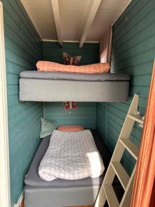 a small room with two bunk beds and a ladder at Lunvig Romantic country house by the sea in Kristiansand, Søgne in Kristiansand