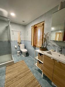 a bathroom with a sink and a toilet and a shower at Sheshory Chalet in Sheshory
