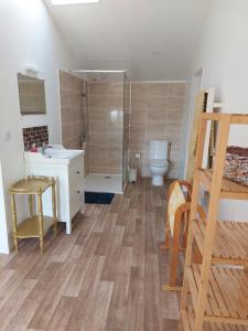 a bathroom with a toilet and a sink and a shower at Maison Rouge in Saint-Jean-dʼAngély