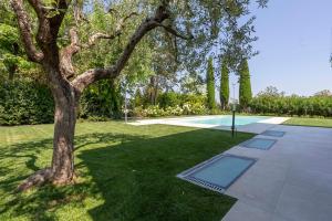 un árbol en medio de un patio con piscina en Villa degli Angeli, en Soiano del Lago
