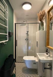 ein Bad mit einer Dusche, einem WC und einem Waschbecken in der Unterkunft B4room in Salzberg