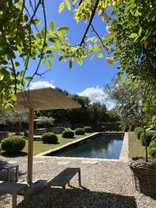 a swimming pool with two chairs and an umbrella at Le Mas de Béthel in Gordes